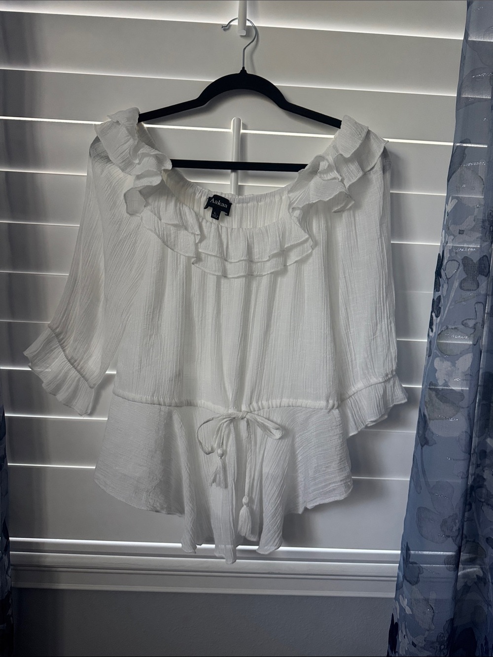 Aakaa White Ruffle Off-Shoulder Tie-Waist Blouse